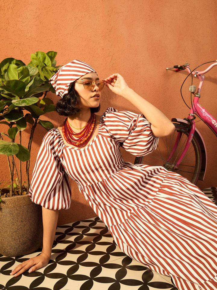 Women Brown &amp; White Stripe Tiered Maxi Dress
