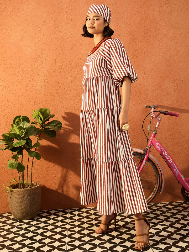 Women Brown &amp; White Stripe Tiered Maxi Dress