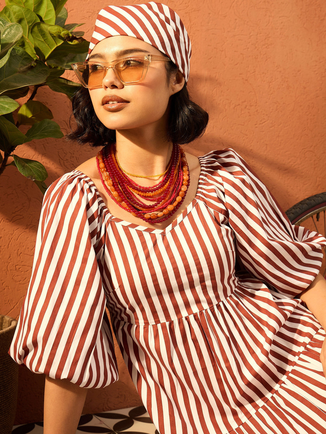 Women Brown &amp; White Stripe Tiered Maxi Dress