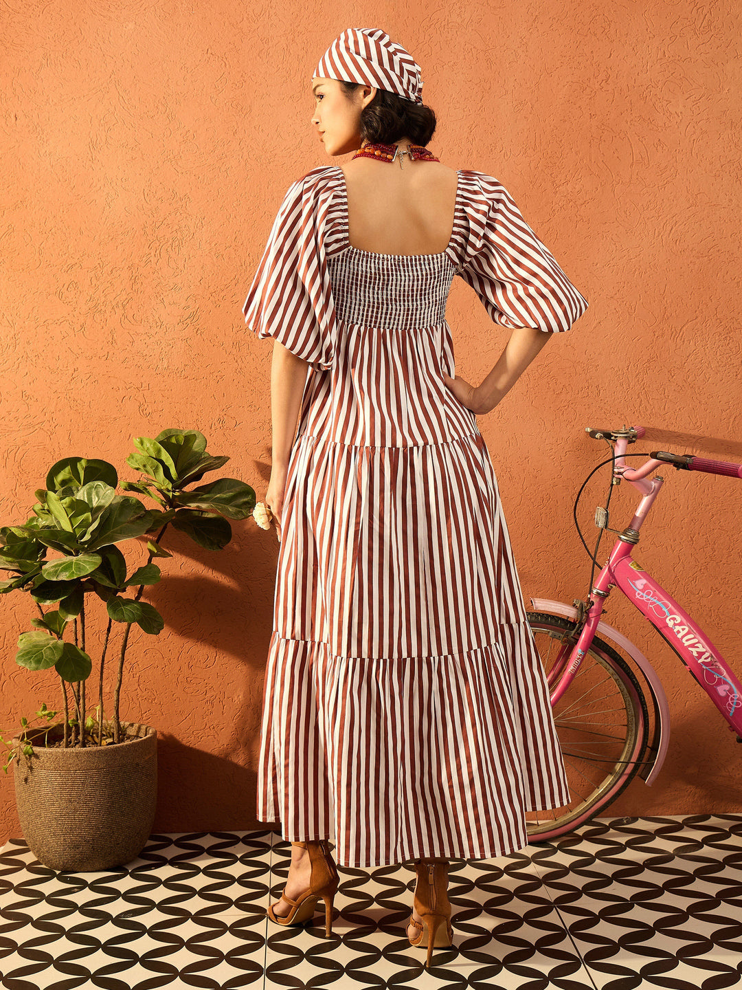 Women Brown &amp; White Stripe Tiered Maxi Dress