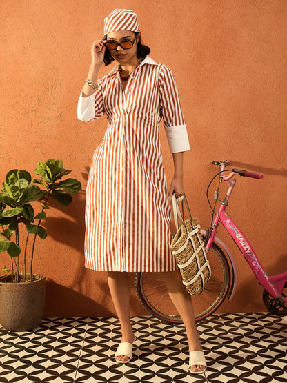 Women Brown & White Stripe Contrast Collar Midi Dress