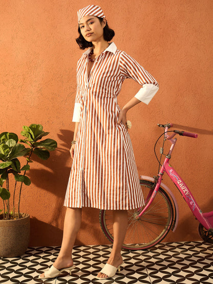 Women Brown & White Stripe Contrast Collar Midi Dress