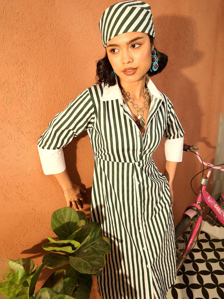 Women Green &amp; White Stripe Contrast Collar Midi Dress