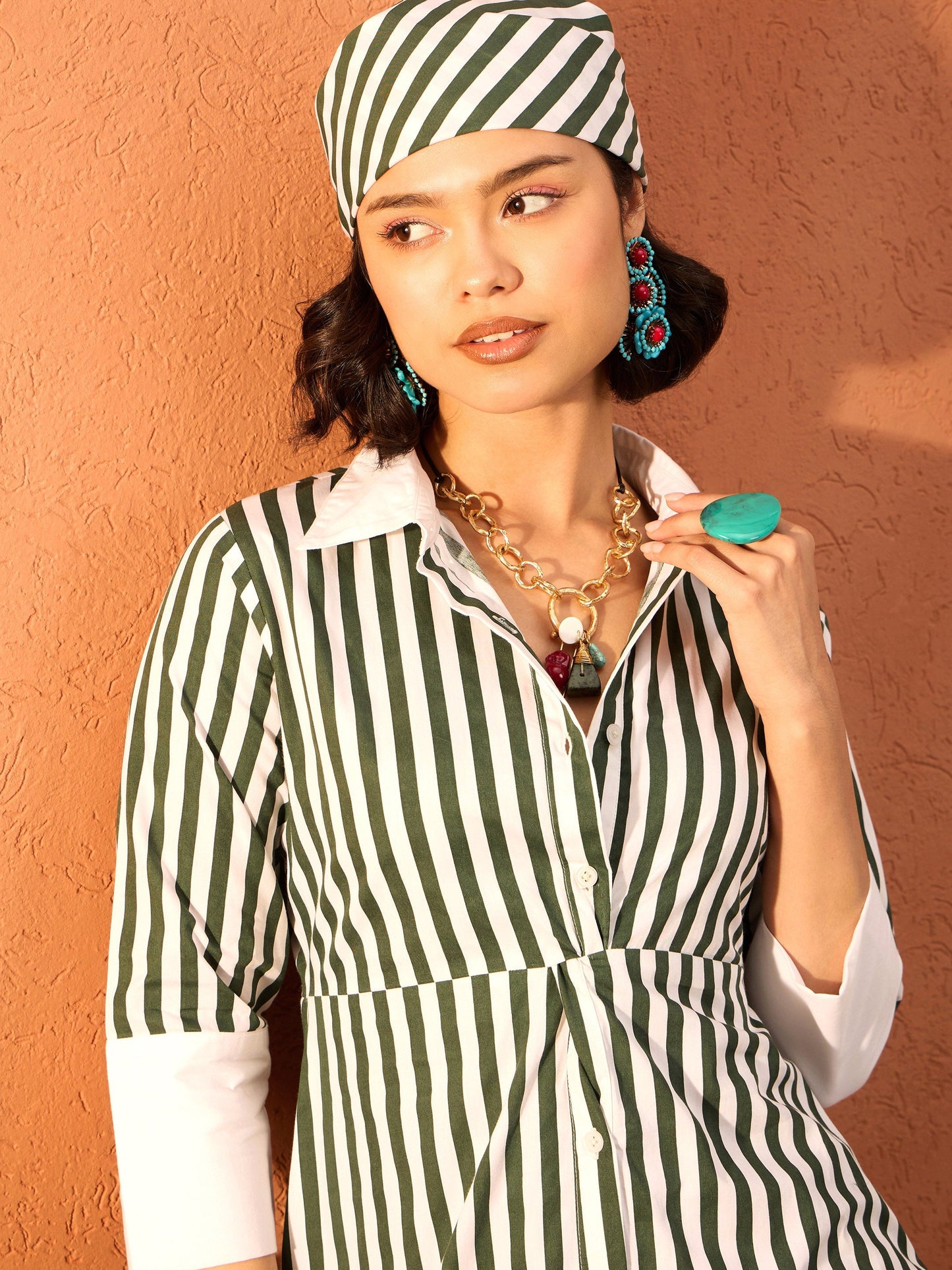 Women Green & White Stripe Contrast Collar Midi Dress