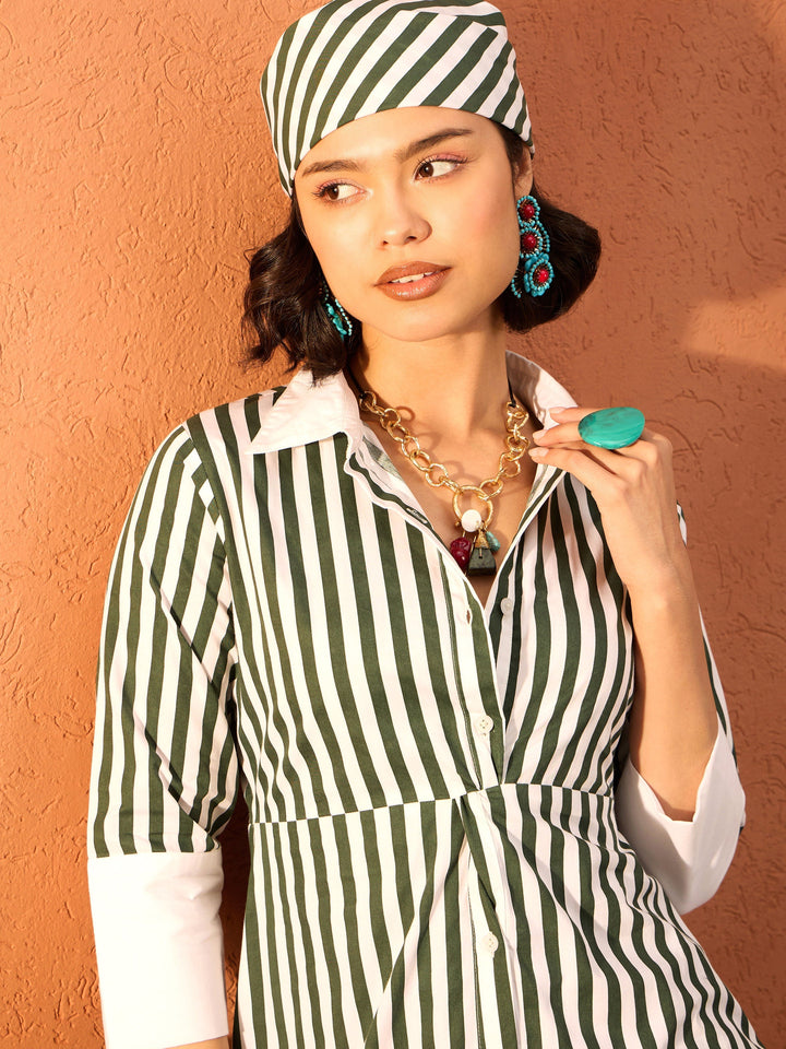 Women Green &amp; White Stripe Contrast Collar Midi Dress