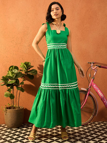 Women Green Ric Rac Lace Strappy Tiered Midi Dress