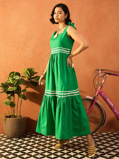 Women Green Ric Rac Lace Strappy Tiered Midi Dress