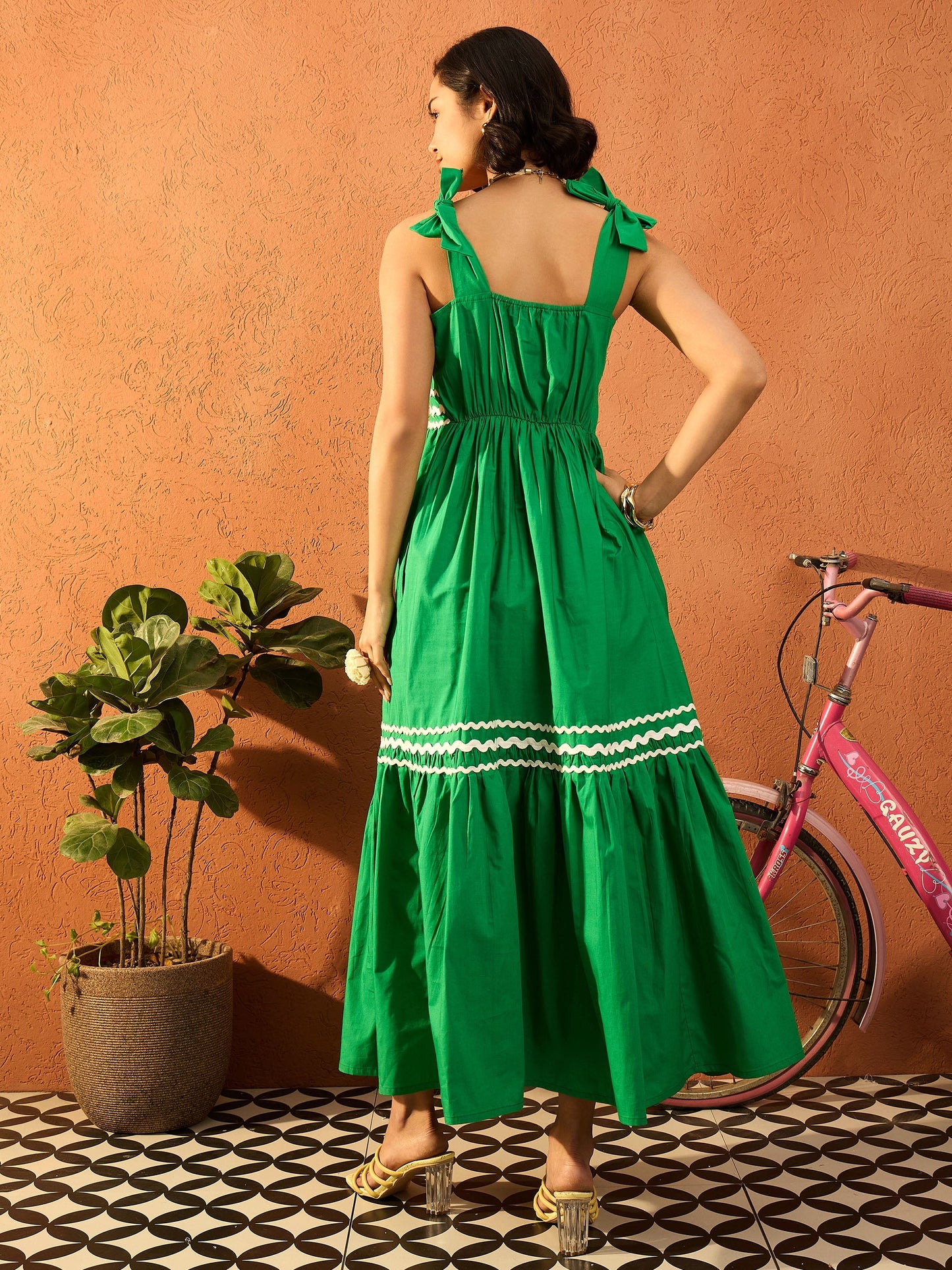 Women Green Ric Rac Lace Strappy Tiered Midi Dress