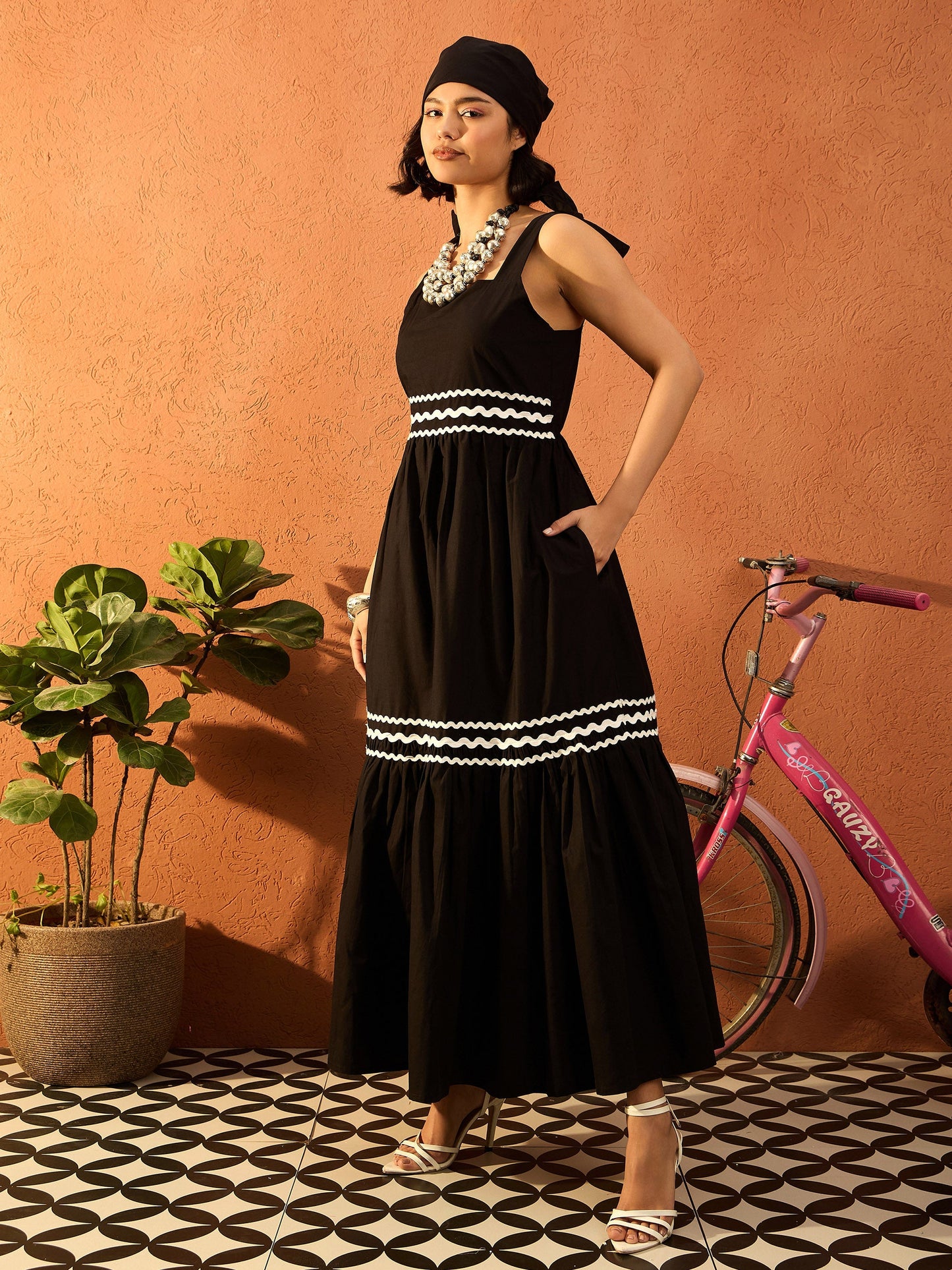 Women Black Ric Rac Lace Strappy Tiered Midi Dress