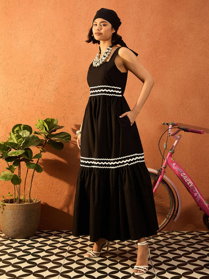 Women Black Ric Rac Lace Strappy Tiered Midi Dress