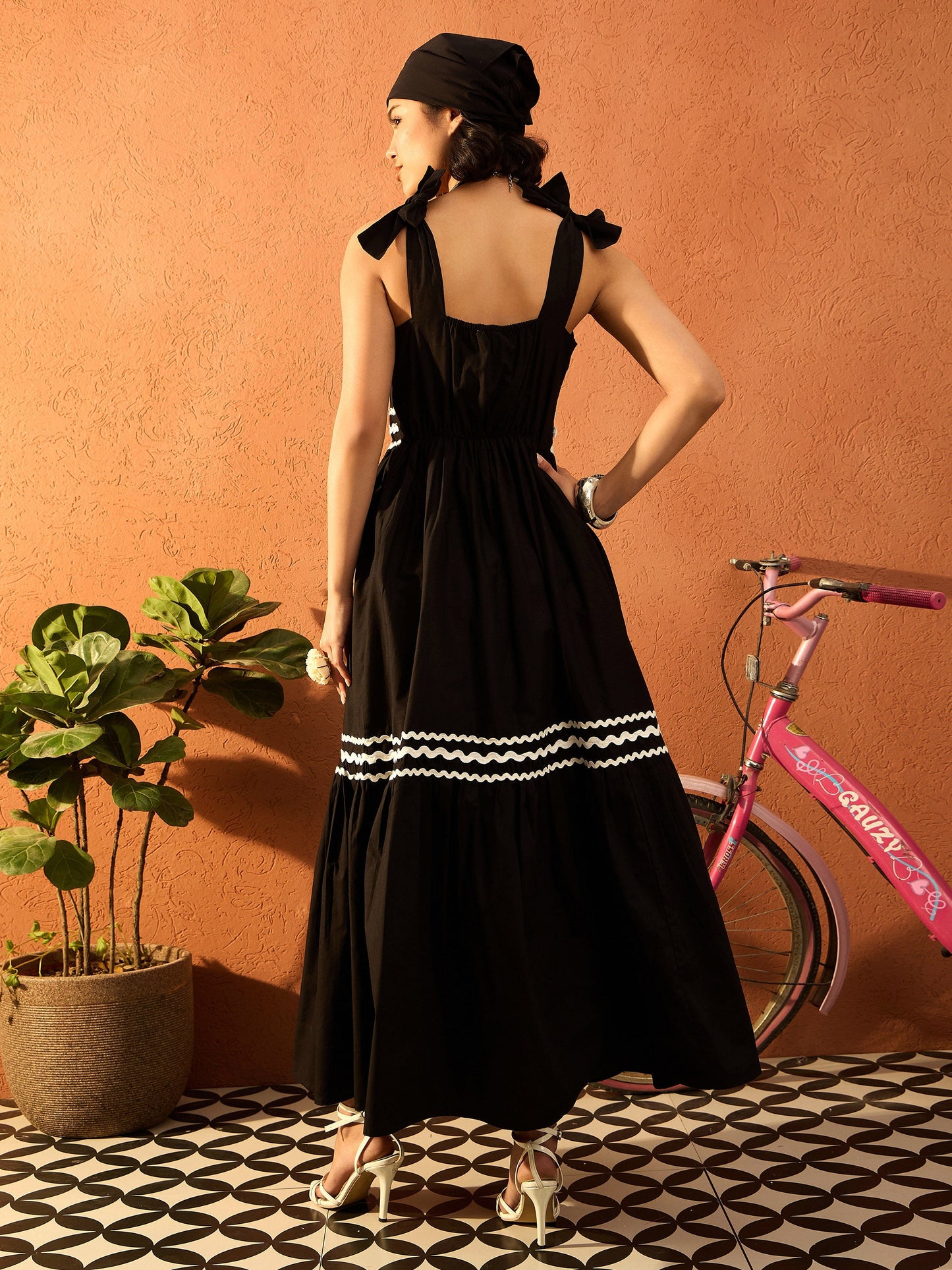 Women Black Ric Rac Lace Strappy Tiered Midi Dress