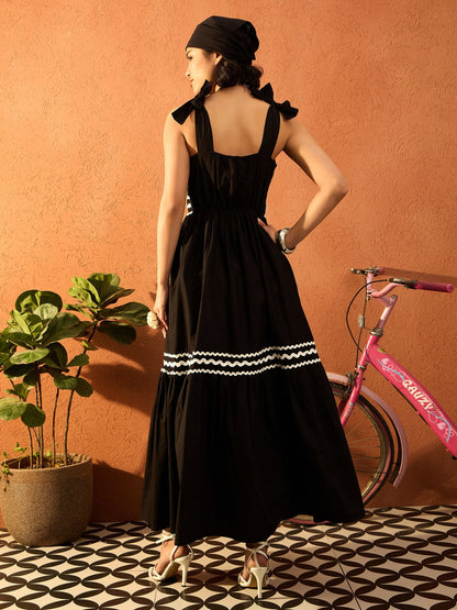 Women Black Ric Rac Lace Strappy Tiered Midi Dress