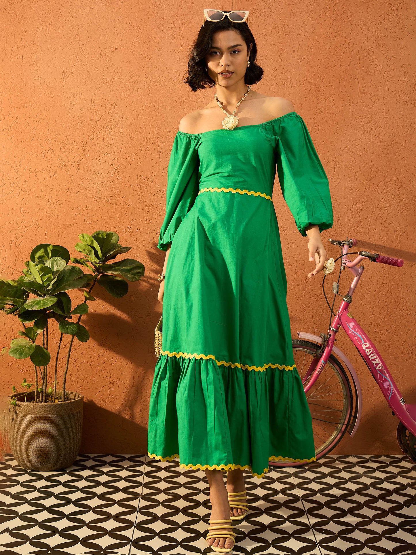 Women Green Ric Rac Lace Square Neck Maxi Dress