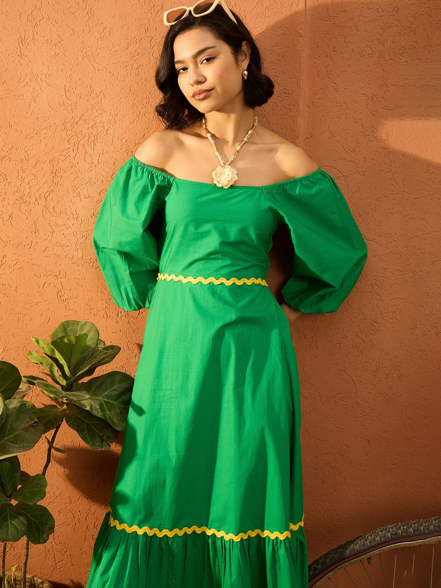 Women Green Ric Rac Lace Square Neck Maxi Dress