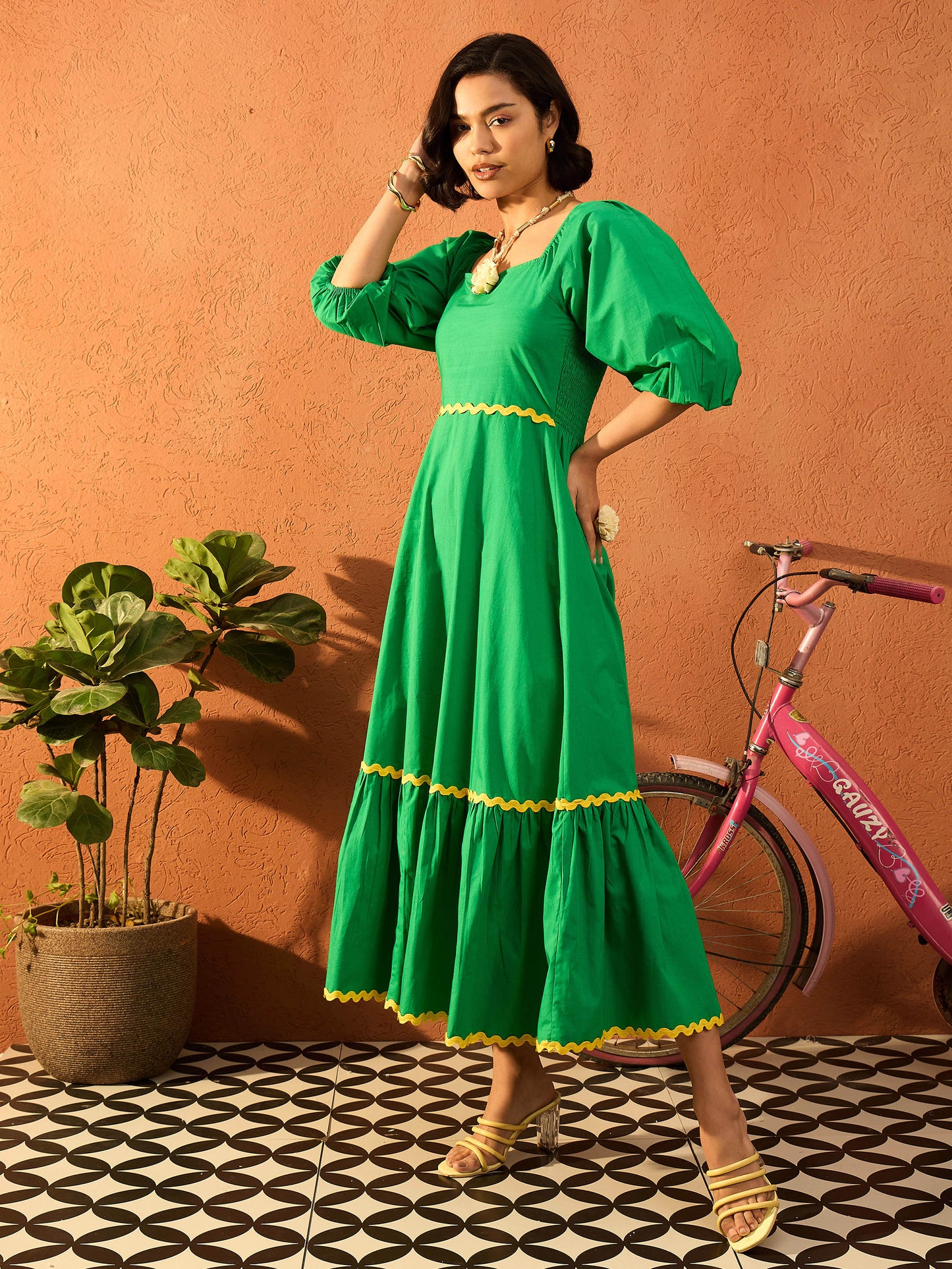 Women Green Ric Rac Lace Square Neck Maxi Dress