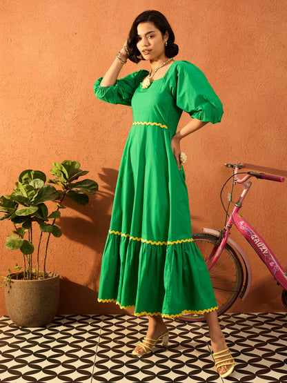 Women Green Ric Rac Lace Square Neck Maxi Dress