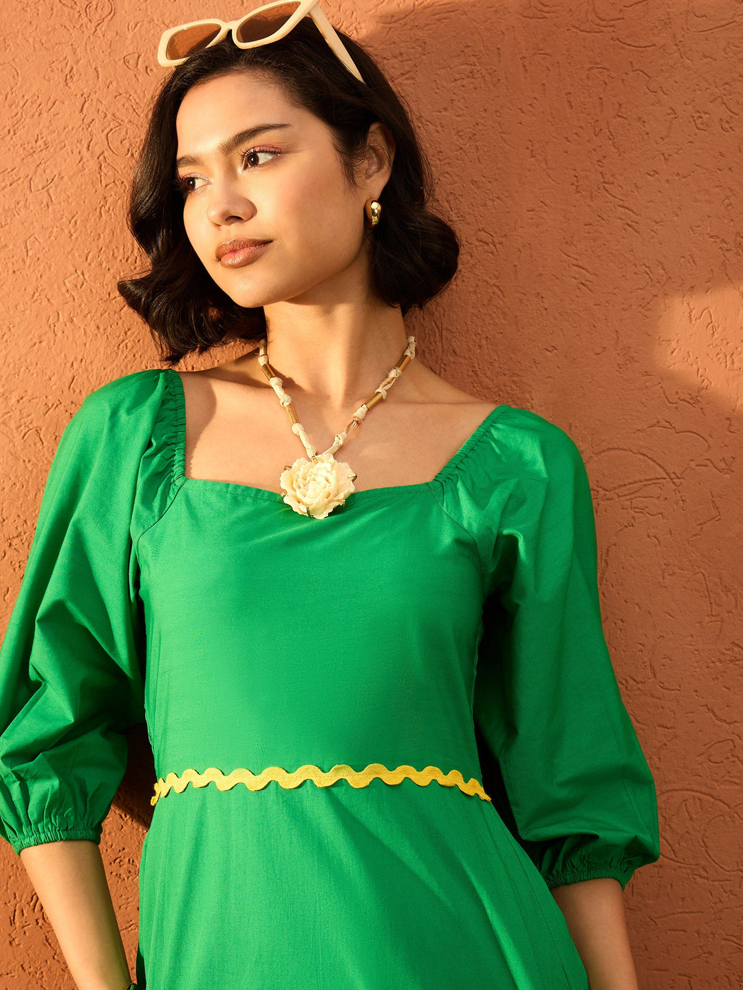 Women Green Ric Rac Lace Square Neck Maxi Dress