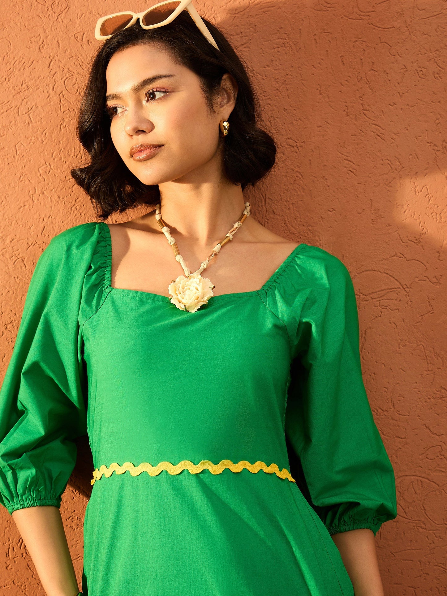 Women Green Ric Rac Lace Square Neck Maxi Dress