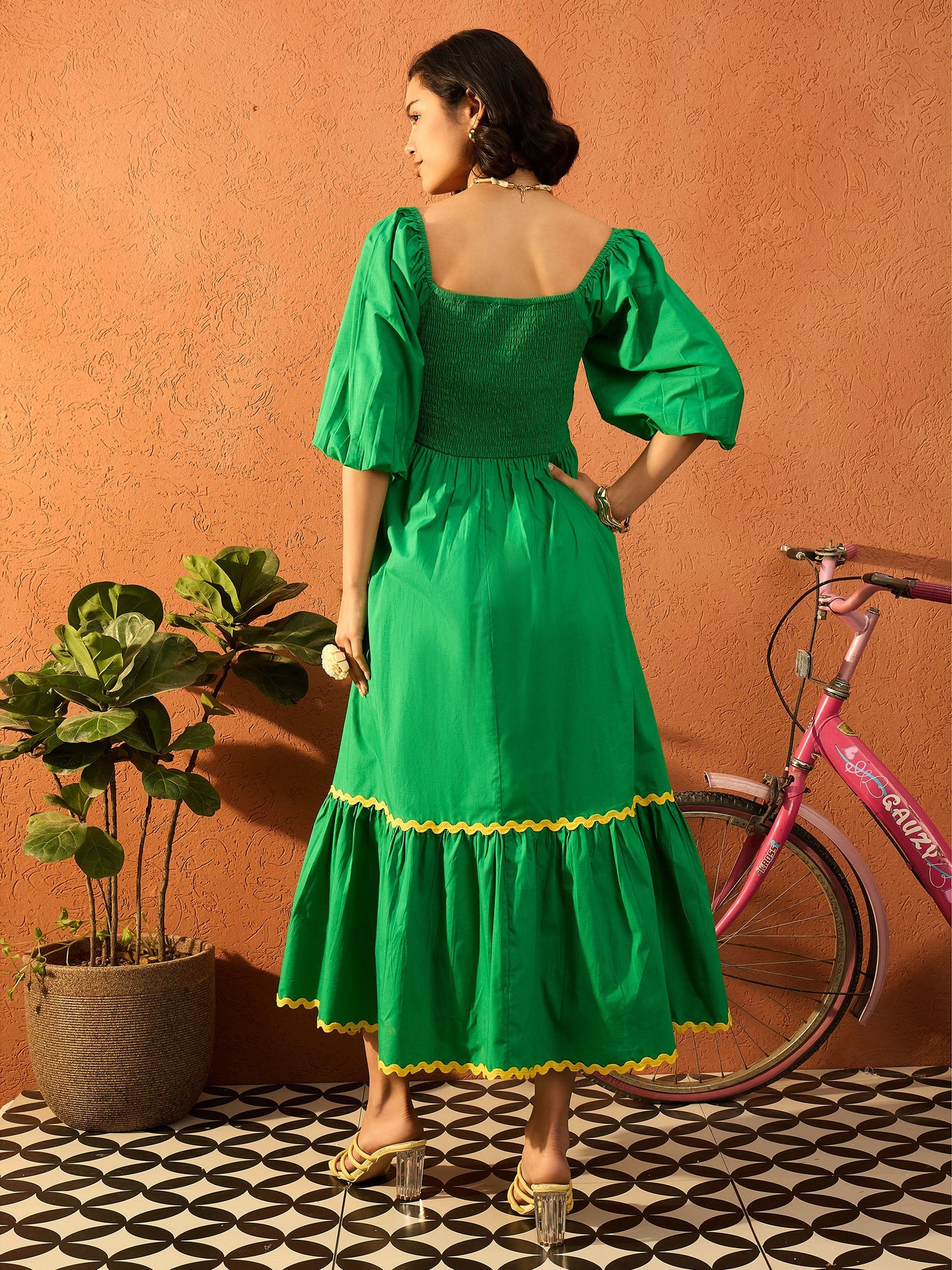 Women Green Ric Rac Lace Square Neck Maxi Dress