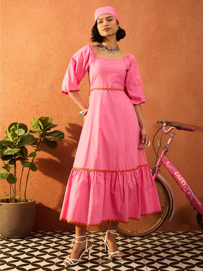 Women Pink Ric Rac Lace Square Neck Maxi Dress