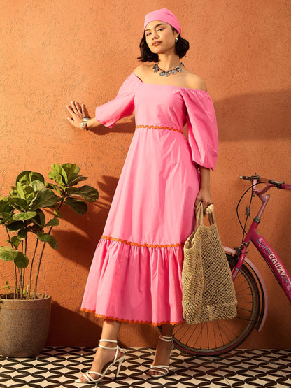 Women Pink Ric Rac Lace Square Neck Maxi Dress