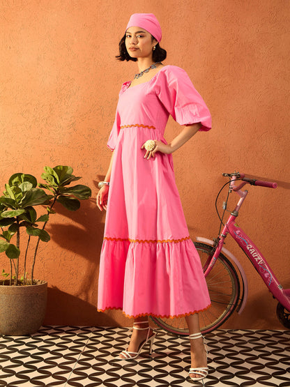 Women Pink Ric Rac Lace Square Neck Maxi Dress