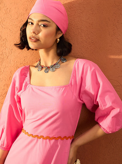 Women Pink Ric Rac Lace Square Neck Maxi Dress