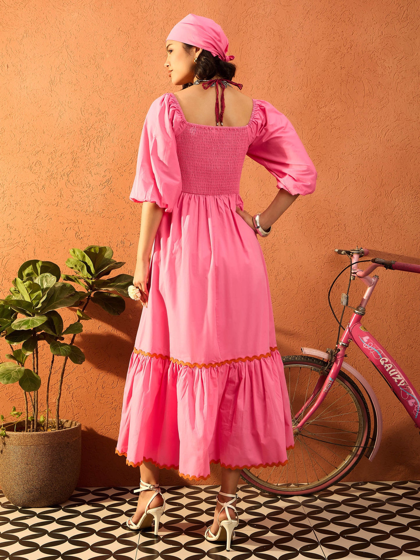 Women Pink Ric Rac Lace Square Neck Maxi Dress