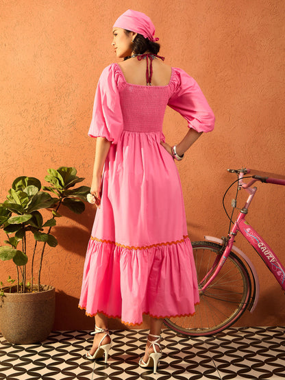 Women Pink Ric Rac Lace Square Neck Maxi Dress