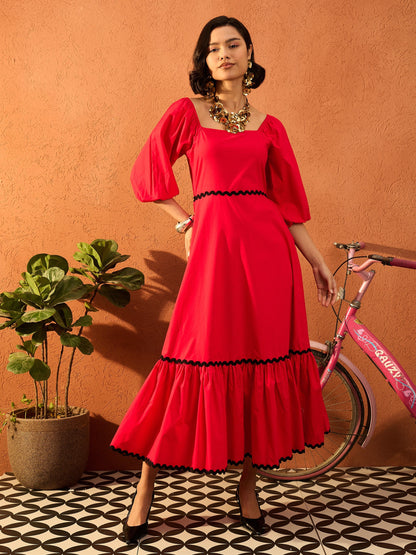 Women Red Ric Rac Lace Square Neck Maxi Dress