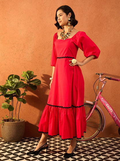 Women Red Ric Rac Lace Square Neck Maxi Dress