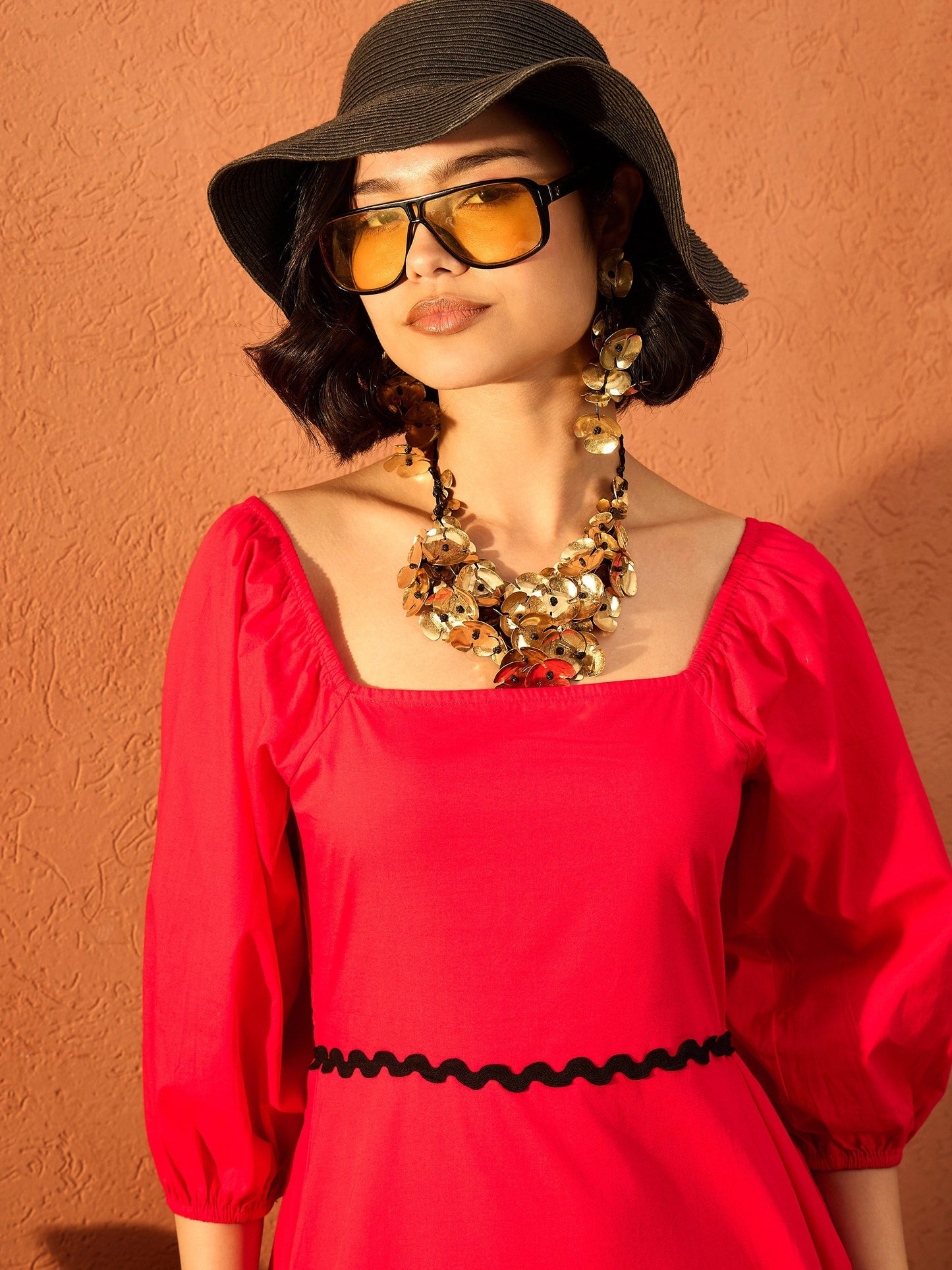 Women Red Ric Rac Lace Square Neck Maxi Dress