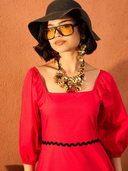 Women Red Ric Rac Lace Square Neck Maxi Dress