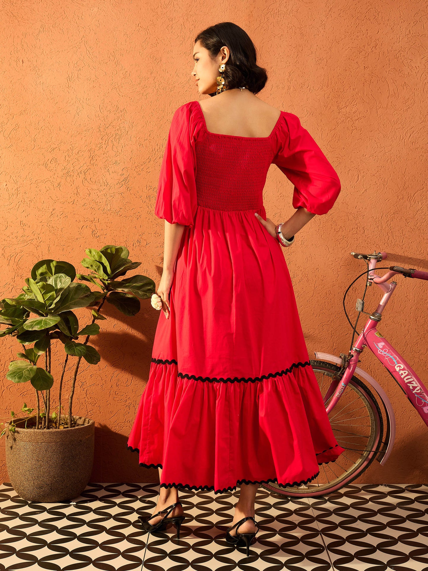 Women Red Ric Rac Lace Square Neck Maxi Dress