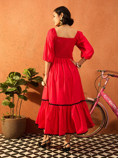 Women Red Ric Rac Lace Square Neck Maxi Dress