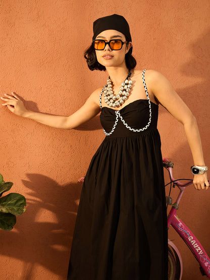 Women Black Ric Rac Lace Strappy Midi Dress