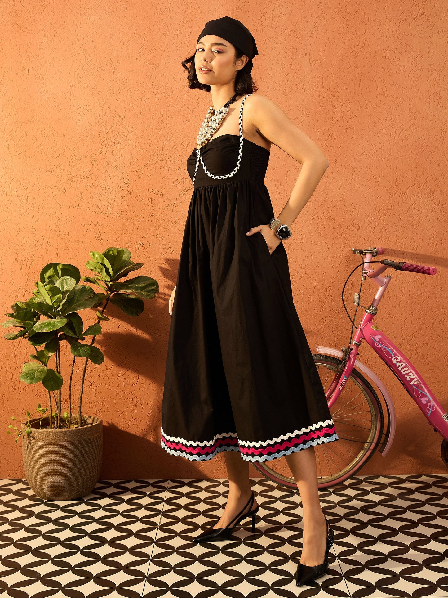 Women Black Ric Rac Lace Strappy Midi Dress