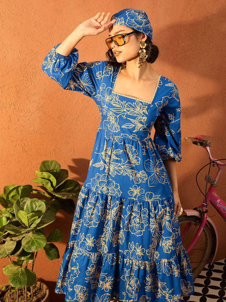 Women Blue &amp; Off White Floral Back Tie Knot Midi Dress