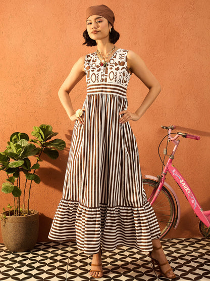 Women Brown & White Stripes Back-Tie Dori Cut-out Tiered Maxi