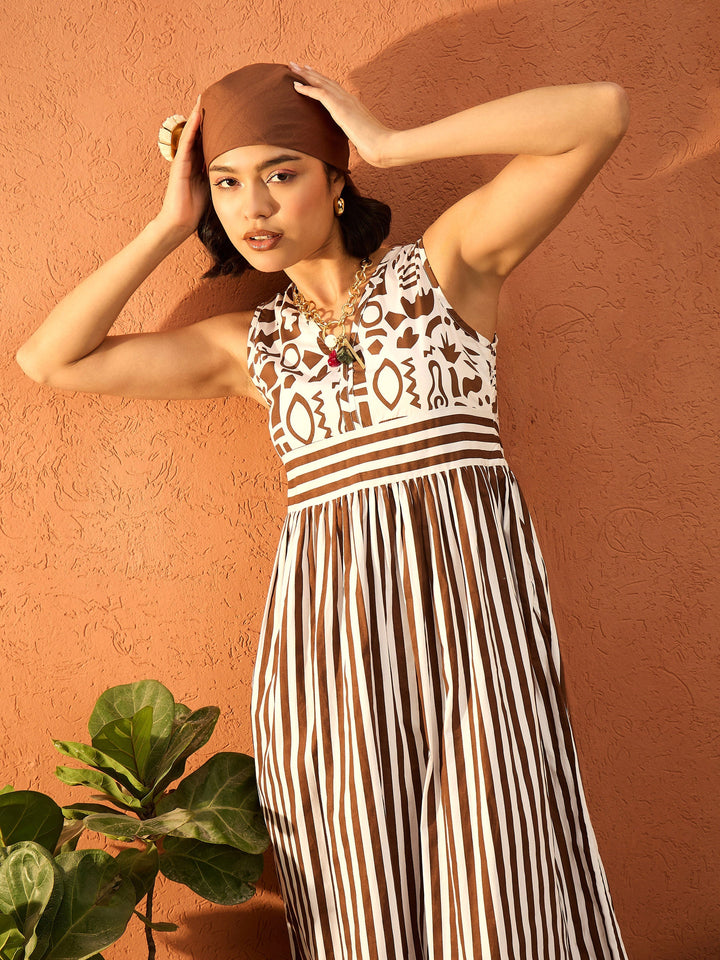 Women Brown &amp; White Stripes Back-Tie Dori Cut-out Tiered Maxi