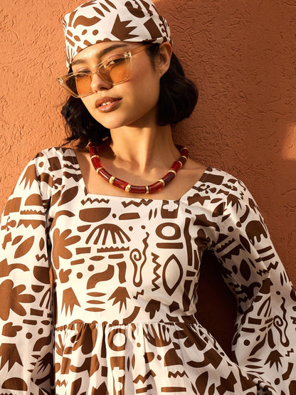 Women Brown & White Quirky Print Back Tie Knot Short Dress