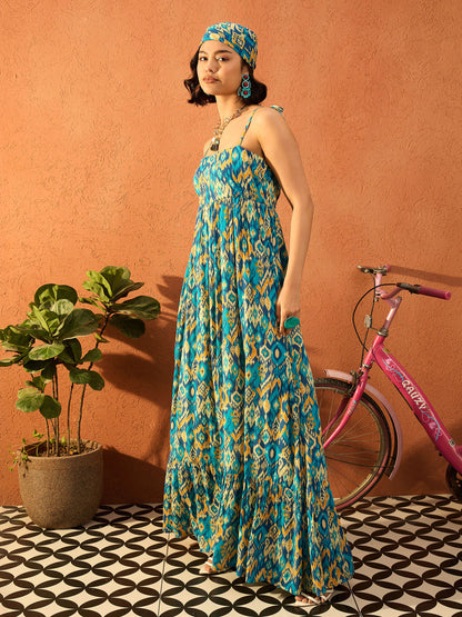 Women Blue & Yellow Ikat Print Strappy Tie-up Maxi Dress