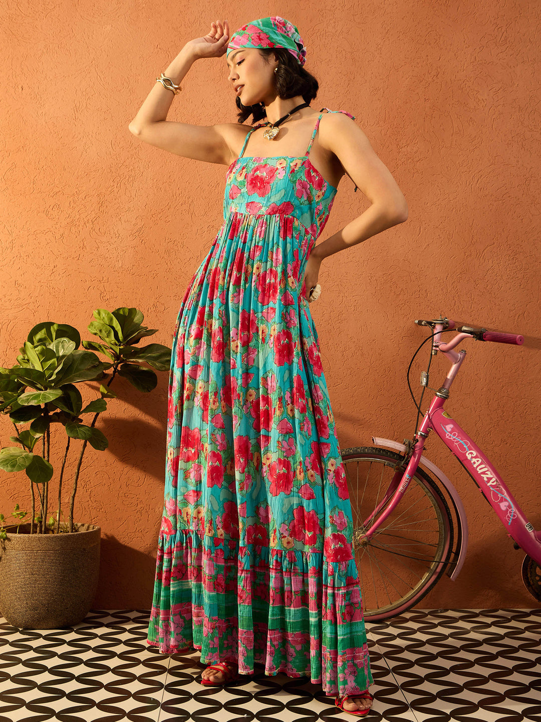 Women Blue &amp; Pink Floral Strappy Tie-up Maxi Dress