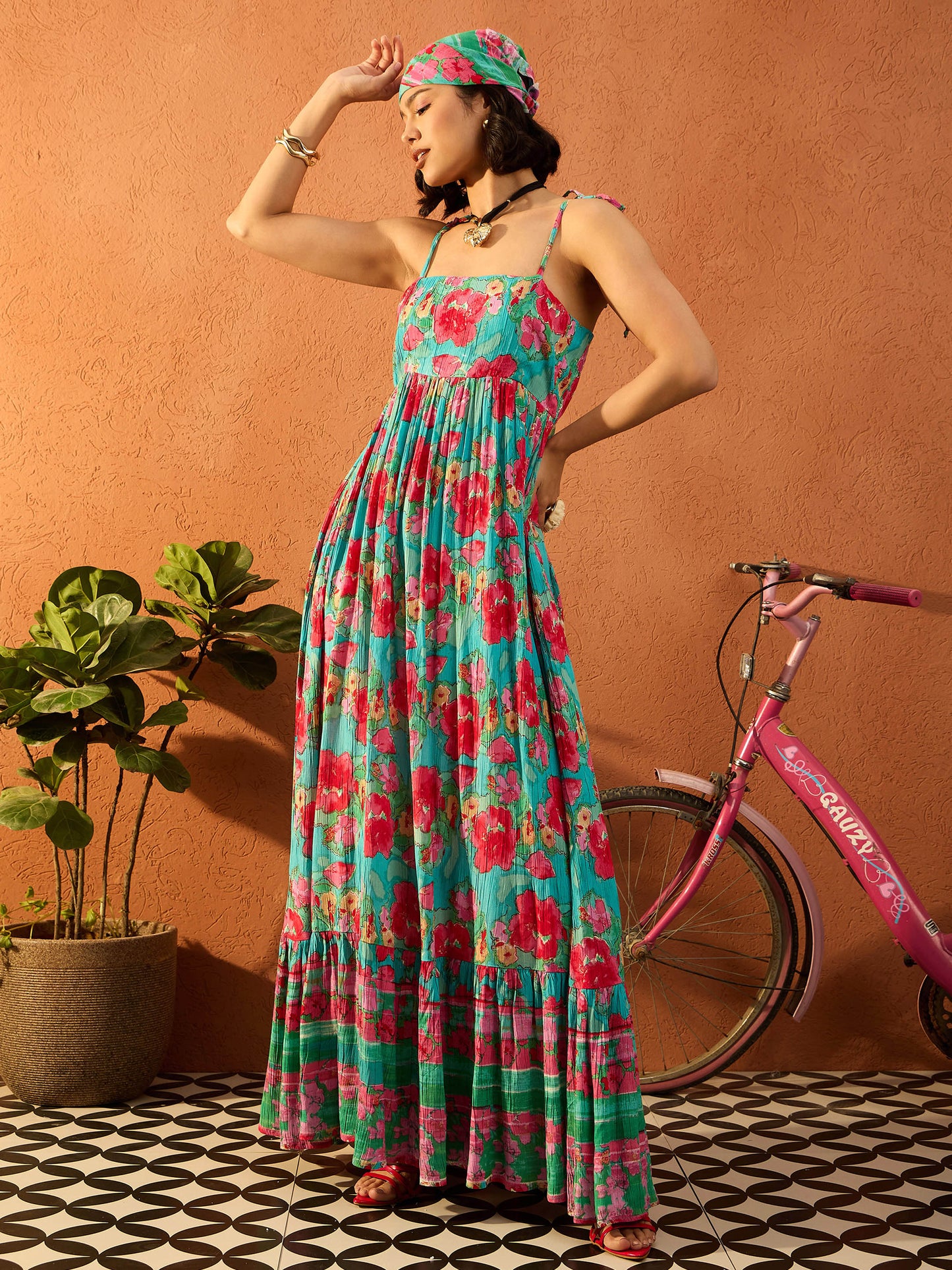 Women Blue & Pink Floral Strappy Tie-up Maxi Dress