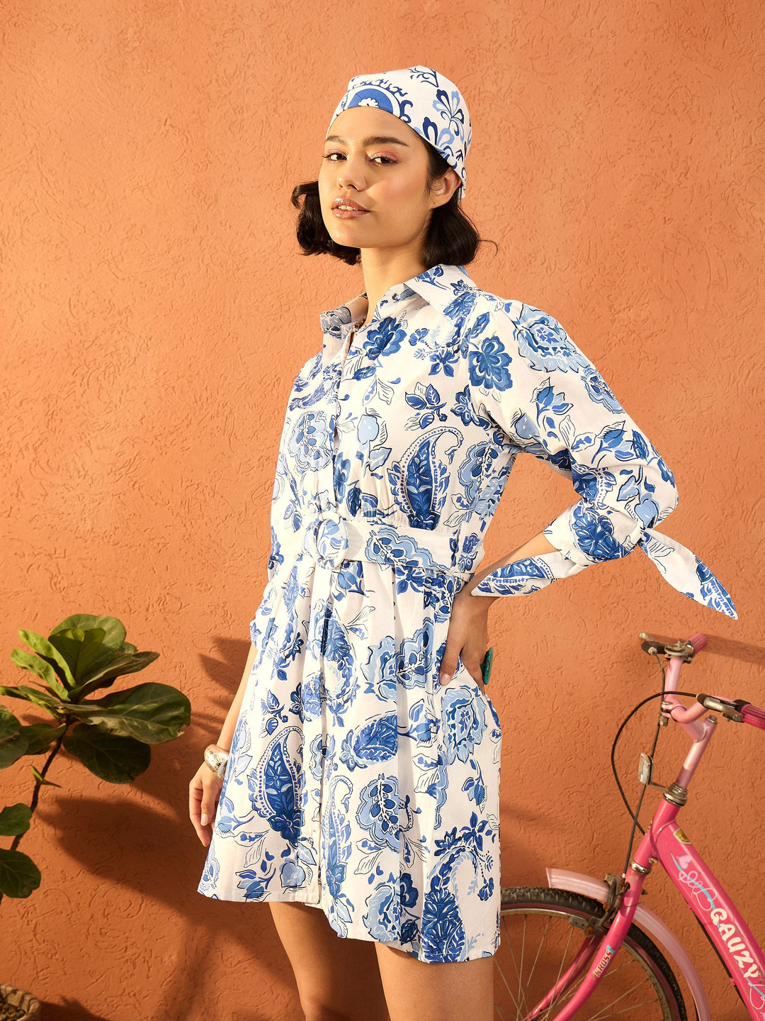 Women Blue &amp; White Floral Front Button Belted Short Dress