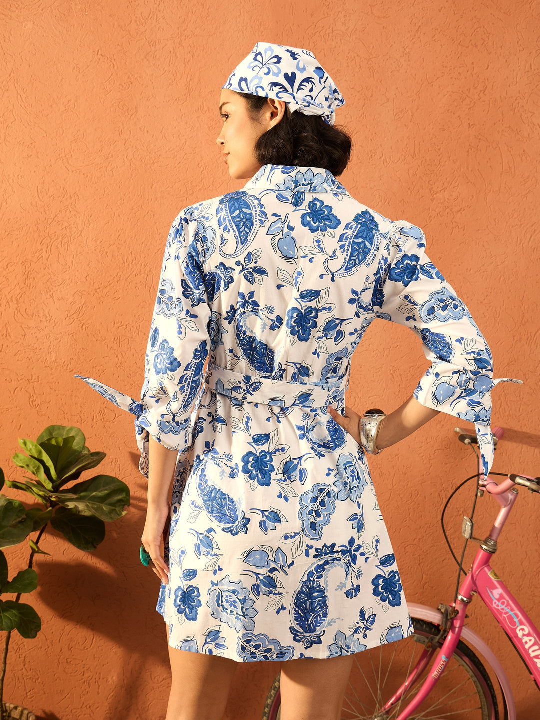 Women Blue &amp; White Floral Front Button Belted Short Dress