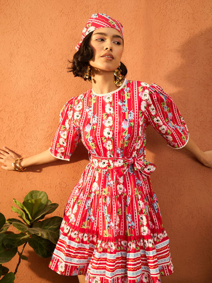 Women Red Floral Round Neck Short Tired Dress