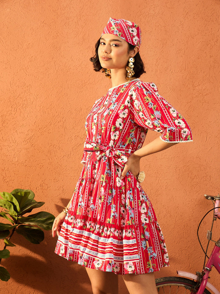 Women Red Floral Round Neck Short Tired Dress