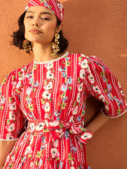 Women Red Floral Round Neck Short Tired Dress