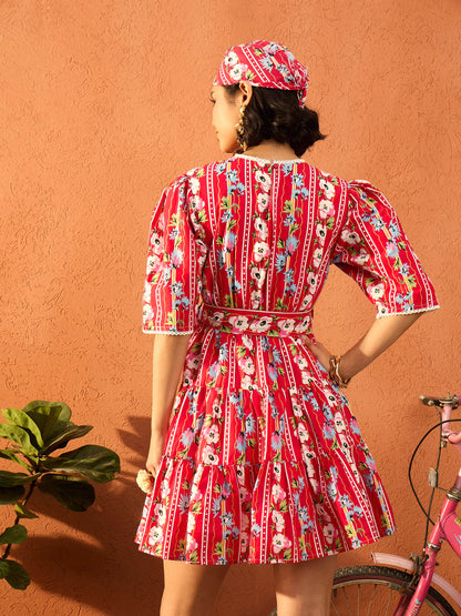 Women Red Floral Round Neck Short Tired Dress